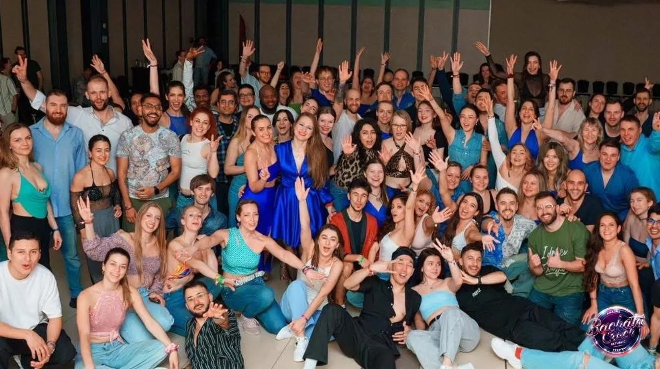 Group photo of dancers from many countries at Bachata Czech Republic Festival in Prague