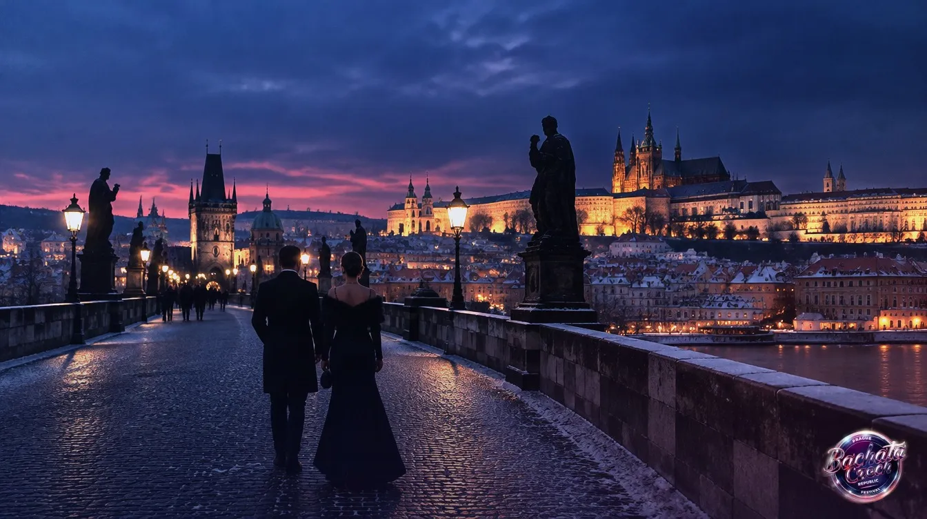 A couple in evening clothes walking across Charles Bridge towards Prague Castle at blue hour in winter