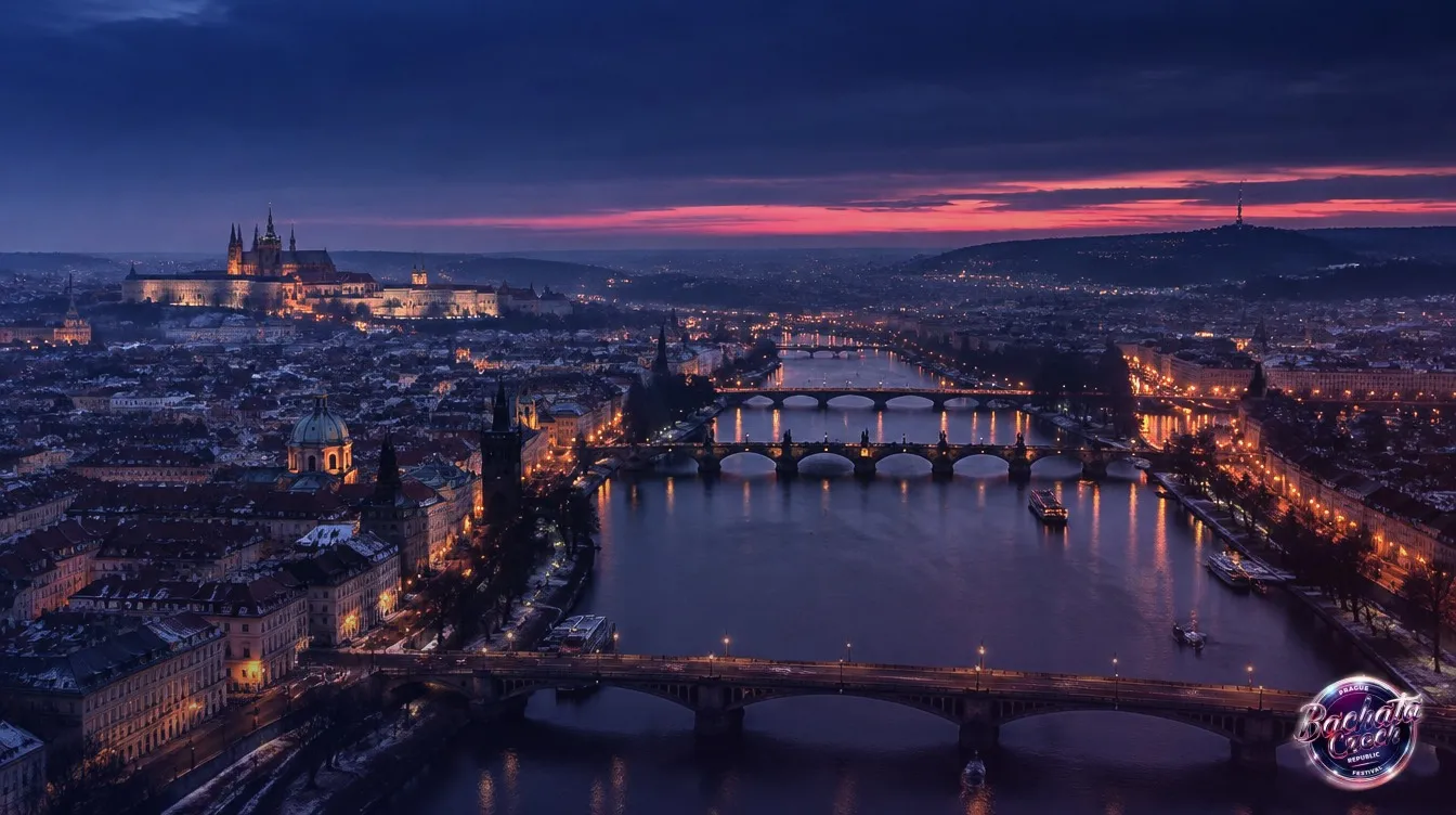 Aerial view of Prague at dusk in late winter, the Vltava river and its bridges with city lights coming on