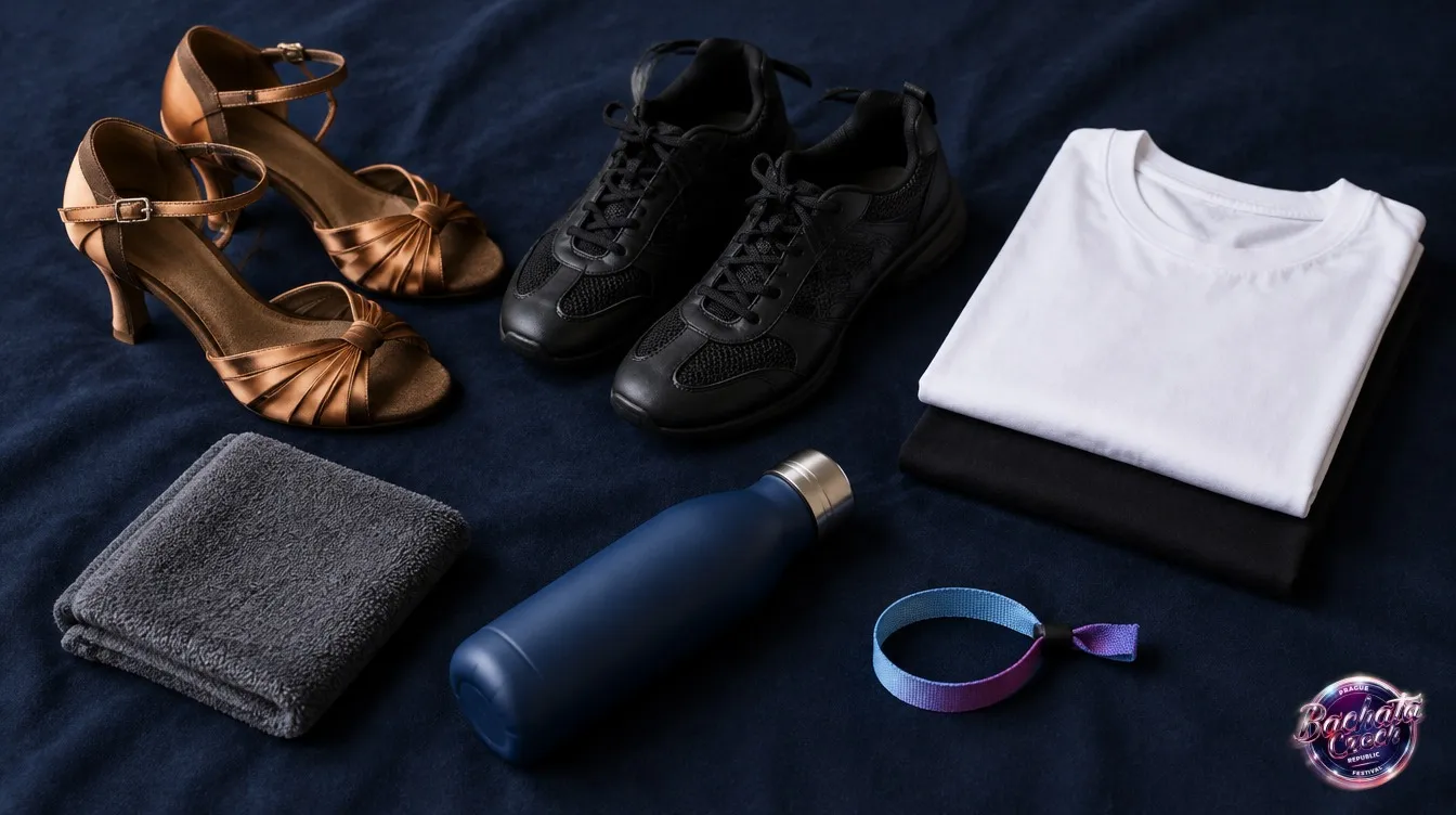 Flat lay of latin dance heels, black dance sneakers, folded t-shirts, a towel, a water bottle and a festival wristband