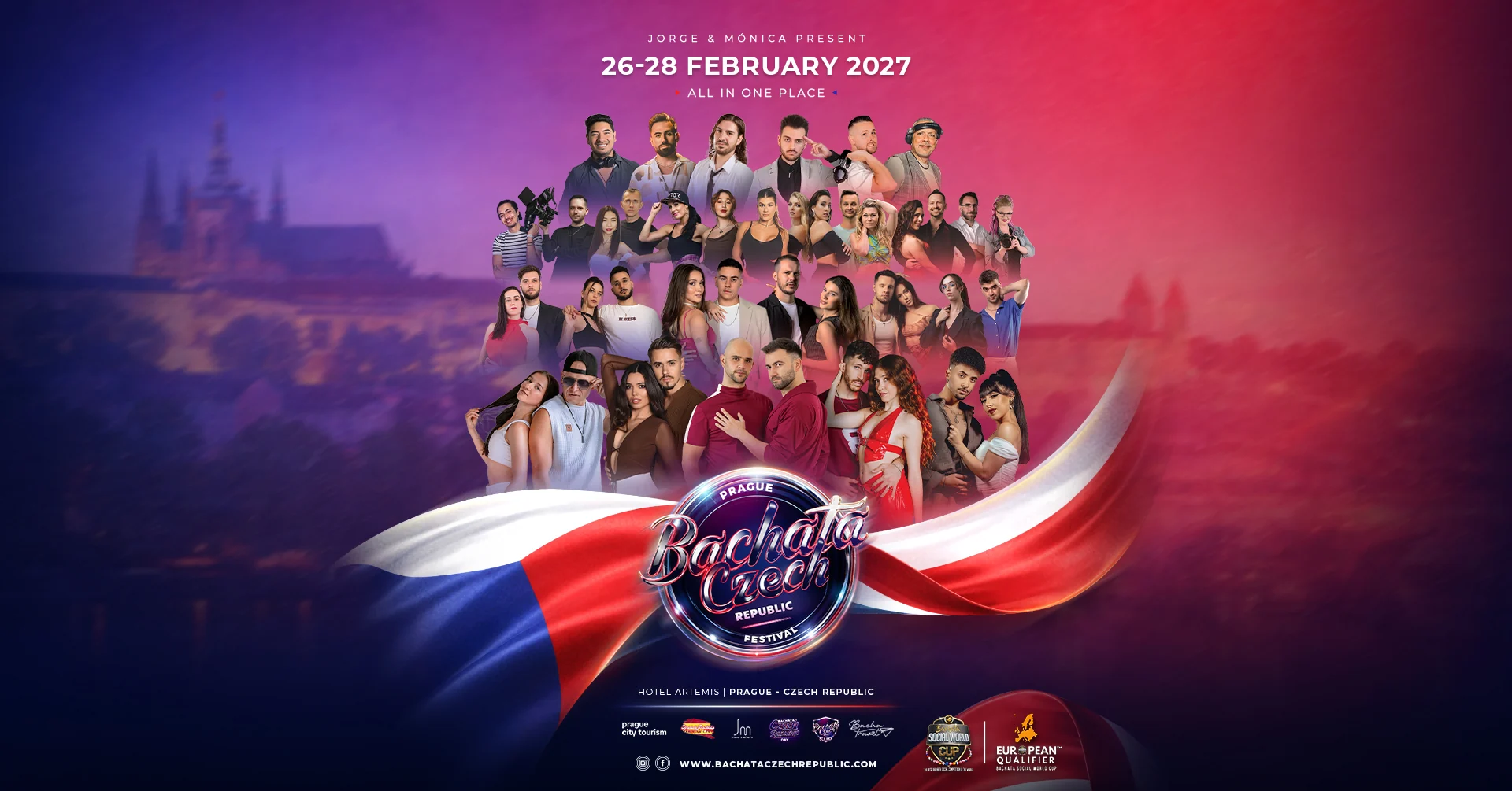 Bachata Czech Republic Festival 2027 line-up: over 30 artists and dance couples, 6 DJs, 26 to 28 February 2027 at Hotel Artemis in Prague.