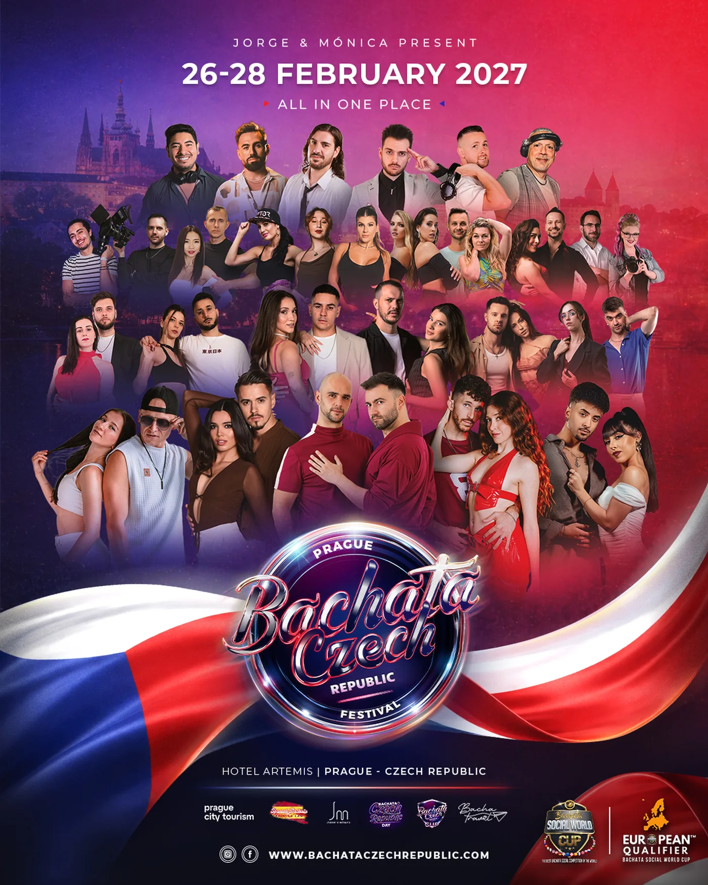 Bachata Czech Republic Festival 2027 line-up poster: 26 artists and dance couples, 6 DJs, 26 to 28 February 2027 at Hotel Artemis in Prague.